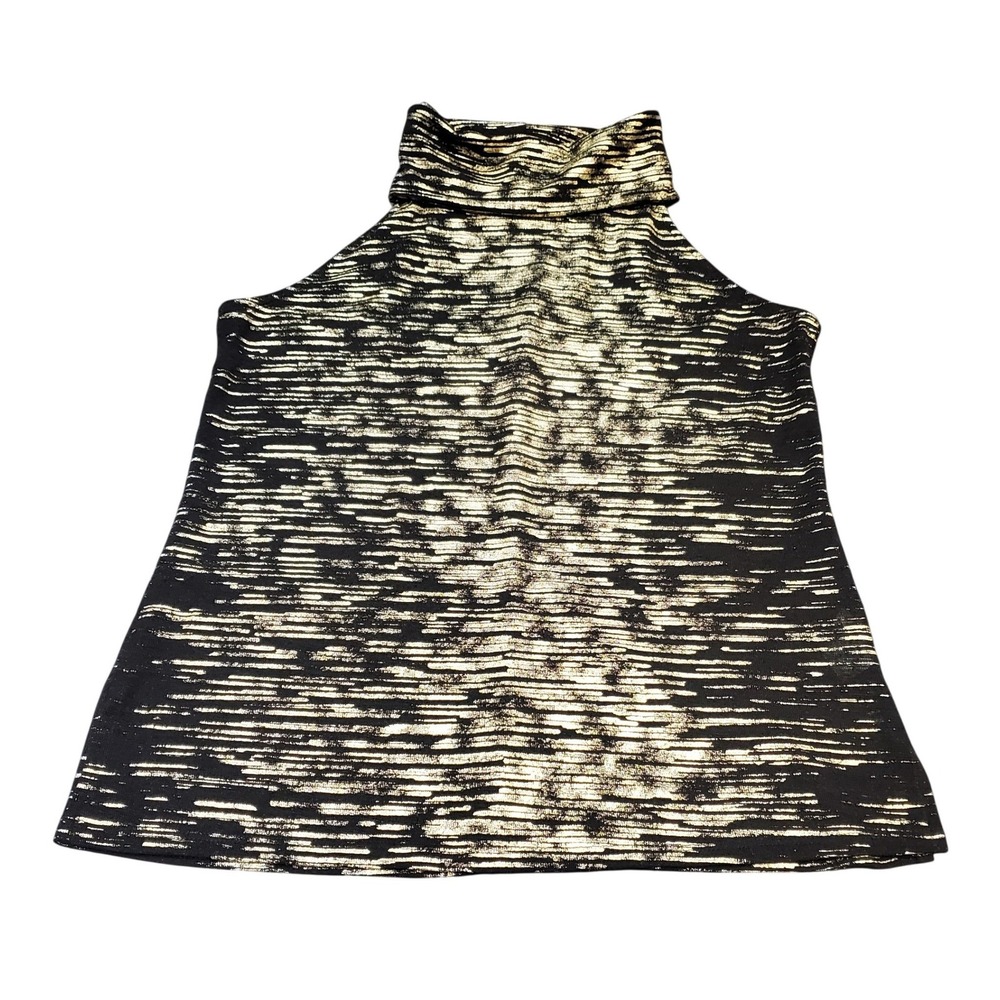 Veronica M. XS Sleeveless Turtleneck Top Black Gold Metallic Shimmer Slinky Knit